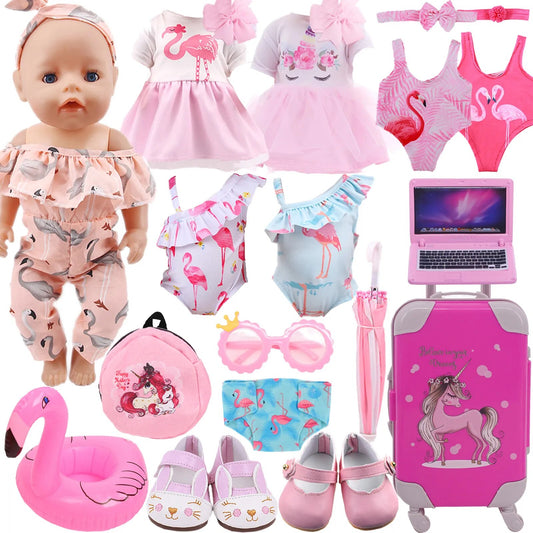 Doll Clothes Flamingo Dress Shoes Accessories For 43Cm Born Baby Fit 18 Inch American&43Cm Baby New Born Doll Reborn Girl`s Toy